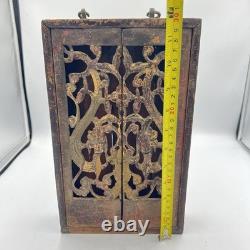 Antique Chinese Carved Wood Shrine Cabinet Dragons Gilt Red Lacquer Folk Art