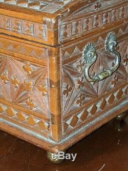 Antique Chip Carved Miniature Dome Top Box Chest Best Geometric 19th C Folk Art