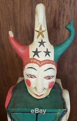 Antique Circus Folk Art Carnival Jester Clown Cabinet Wood Hand Carved Cabinet