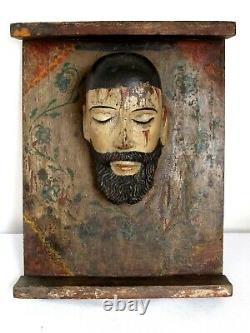 Antique Divino Rostro Holy Face 19th c. Mexican Carved Wood RARE