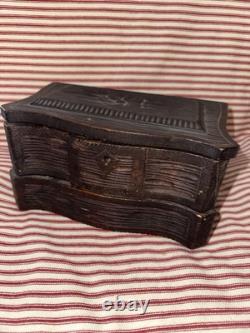 Antique Early Folk Art Carved Wood Sewing Box Ensemble