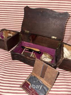 Antique Early Folk Art Carved Wood Sewing Box Ensemble