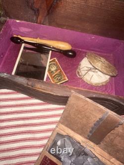 Antique Early Folk Art Carved Wood Sewing Box Ensemble