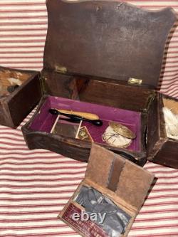 Antique Early Folk Art Carved Wood Sewing Box Ensemble