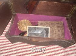 Antique Early Folk Art Carved Wood Sewing Box Ensemble
