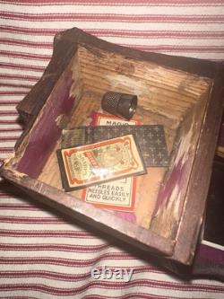 Antique Early Folk Art Carved Wood Sewing Box Ensemble