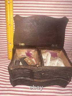 Antique Early Folk Art Carved Wood Sewing Box Ensemble