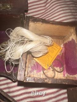 Antique Early Folk Art Carved Wood Sewing Box Ensemble
