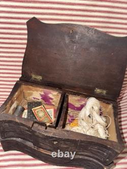 Antique Early Folk Art Carved Wood Sewing Box Ensemble