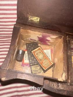 Antique Early Folk Art Carved Wood Sewing Box Ensemble
