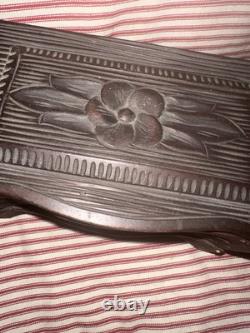 Antique Early Folk Art Carved Wood Sewing Box Ensemble