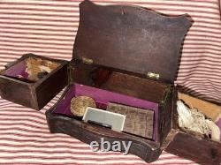 Antique Early Folk Art Carved Wood Sewing Box Ensemble