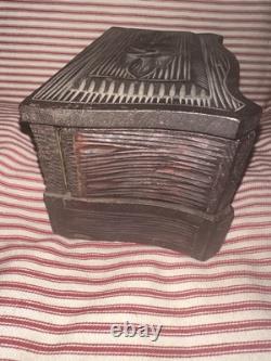 Antique Early Folk Art Carved Wood Sewing Box Ensemble
