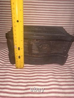 Antique Early Folk Art Carved Wood Sewing Box Ensemble