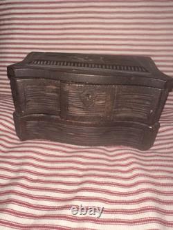 Antique Early Folk Art Carved Wood Sewing Box Ensemble