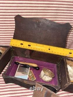 Antique Early Folk Art Carved Wood Sewing Box Ensemble