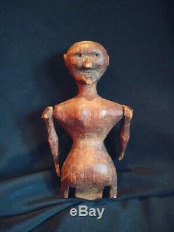 Antique Early Hand Carved Jointed Wood Primitive Folk Art Doll Man Devil Witch