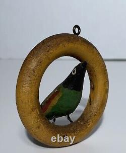 Antique FOLK ART CARVED & PAINTED WOOD BIRD ON SWING IN CAGE