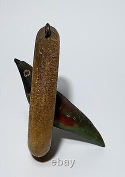 Antique FOLK ART CARVED & PAINTED WOOD BIRD ON SWING IN CAGE