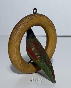 Antique FOLK ART CARVED & PAINTED WOOD BIRD ON SWING IN CAGE