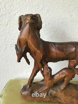 Antique FOLK ART Hand Carved Mahogany Wood Carving Hunt Dogs