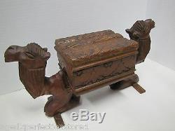 Antique Figural Two Camels Carved Wooden Folk Art Box hinged lid ornate artwork