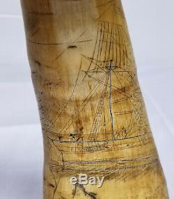 Antique Fine Carved Folk Art Scrimshaw Nautical Themed Powder Horn Mermaid Ships