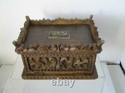 Antique Folk ART Wood Carved Footed Box intricately CARVED with Original Label