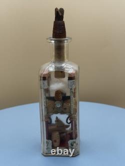 Antique Folk Art Bottle Whimsy Hand Carved Sawmill Gear Diorama Rare
