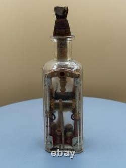 Antique Folk Art Bottle Whimsy Hand Carved Sawmill Gear Diorama Rare