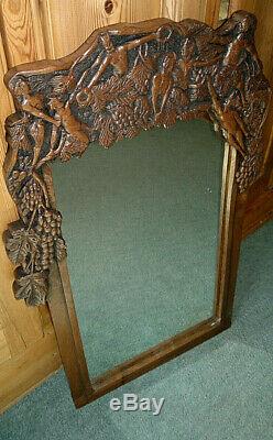 Antique Folk Art Carved Bacchanalian Faun Grapes Mirror 26.5 by 16