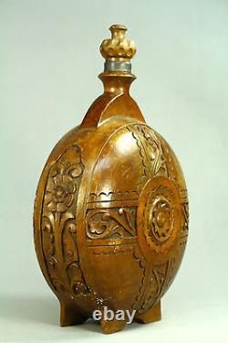 Antique Folk Art Carved Cherry Wood Open Work Wine Canteen Flask Bottle