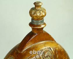 Antique Folk Art Carved Cherry Wood Open Work Wine Canteen Flask Bottle