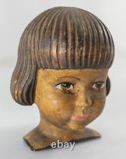 Antique Folk Art Carved Creepy Doll Head Figure Child