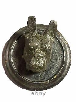 Antique Folk Art Carved Dog Head Sculpture Boston Terrier or French Bulldog