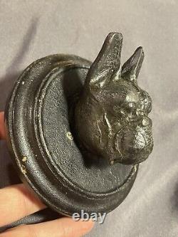 Antique Folk Art Carved Dog Head Sculpture Boston Terrier or French Bulldog