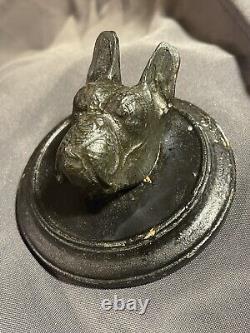 Antique Folk Art Carved Dog Head Sculpture Boston Terrier or French Bulldog