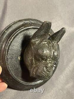 Antique Folk Art Carved Dog Head Sculpture Boston Terrier or French Bulldog