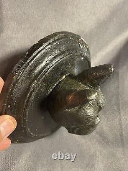 Antique Folk Art Carved Dog Head Sculpture Boston Terrier or French Bulldog