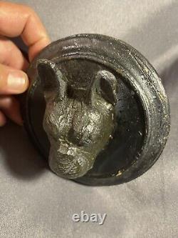 Antique Folk Art Carved Dog Head Sculpture Boston Terrier or French Bulldog