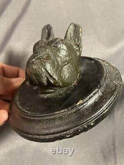 Antique Folk Art Carved Dog Head Sculpture Boston Terrier or French Bulldog