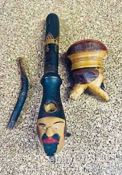 Antique Folk Art Carved Figural Tobacco Pipe Americana Man Face Wood