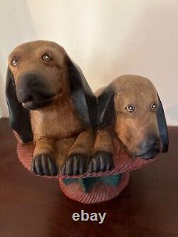 Antique Folk Art Carved Hard wood dachshund Puppies in a Basket Sculpture