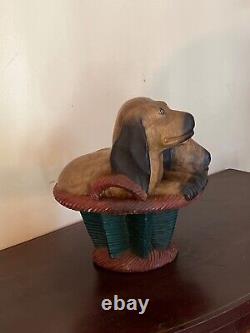 Antique Folk Art Carved Hard wood dachshund Puppies in a Basket Sculpture