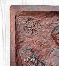 Antique Folk Art Carved Mahogany Women Wall Hanging Panel