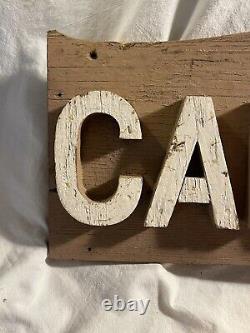 Antique Folk Art Carved Painted Wooden Camp Avery Sign with raised lettering