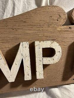 Antique Folk Art Carved Painted Wooden Camp Avery Sign with raised lettering