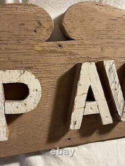 Antique Folk Art Carved Painted Wooden Camp Avery Sign with raised lettering