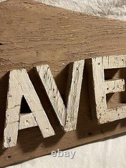 Antique Folk Art Carved Painted Wooden Camp Avery Sign with raised lettering