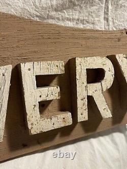 Antique Folk Art Carved Painted Wooden Camp Avery Sign with raised lettering